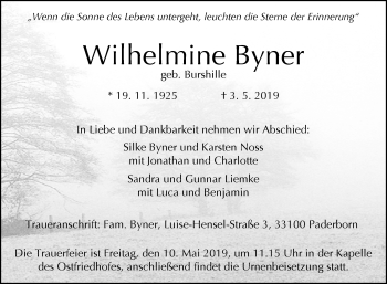 Traueranzeige von Wilhelmine Byner von Westfalen-Blatt