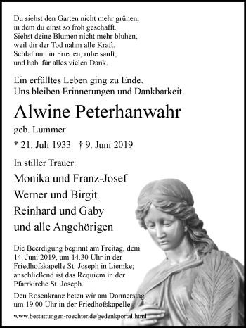 Traueranzeige von Alwine Peterhanwahr von Westfalen-Blatt