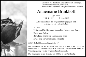 Traueranzeige von Annemarie Brinkhoff von Westfalen-Blatt