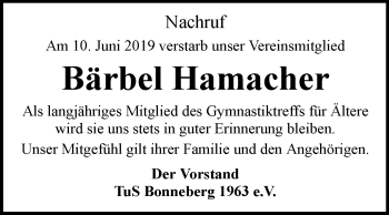 Traueranzeige von Bärbel Hamacher von Westfalen-Blatt