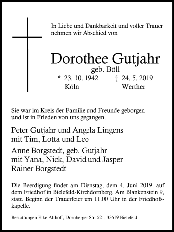 Traueranzeige von Dorothee Gutjahr von Westfalen-Blatt