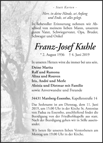 Traueranzeige von Franz-Josef Kuhle von Westfalen-Blatt