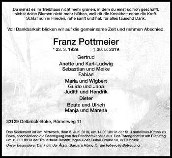 Traueranzeige von Franz Pottmeier von Westfalen-Blatt