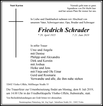 Traueranzeige von Friedrich Schrader von Westfalen-Blatt