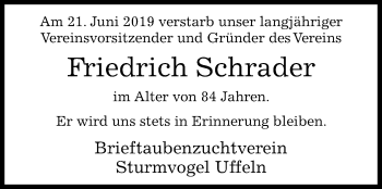 Traueranzeige von Friedrich Schrader von Westfalen-Blatt