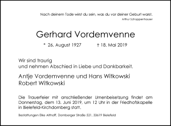 Traueranzeige von Gerhard Vordemvenne von Westfalen-Blatt