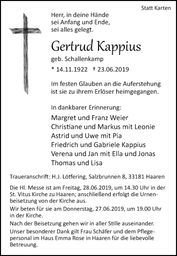 Traueranzeige von Gertrud Kappius von Westfalen-Blatt