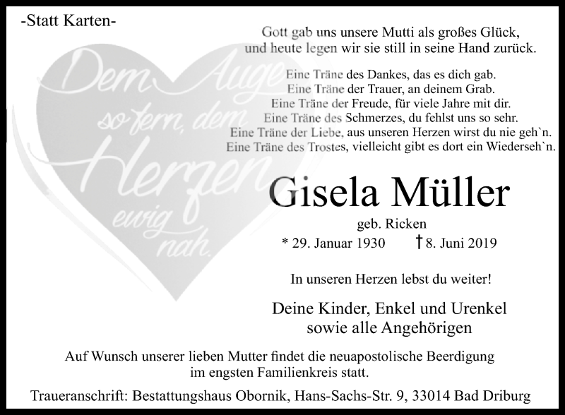 Traueranzeigen Von Gisela Muller Www Westfalen Blatt De