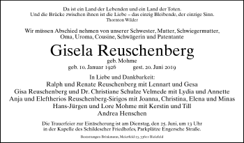 Traueranzeige von Gisela Reuschenberg von Westfalen-Blatt