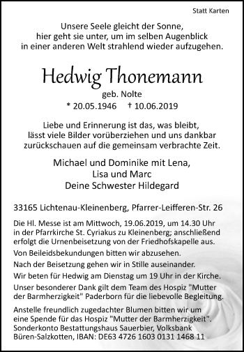 Traueranzeige von Hedwig Thonemann von Westfalen-Blatt