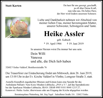 Traueranzeige von Heike Assler von Westfalen-Blatt