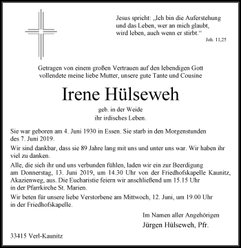 Traueranzeige von Irene Hülseweh von Westfalen-Blatt