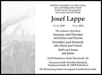 Traueranzeige von Josef Lappe von Westfalen-Blatt