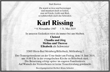 Traueranzeige von Karl Rissing von Westfalen-Blatt