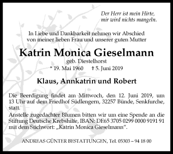 Traueranzeige von Katrin Monica Gieselmann von Westfalen-Blatt