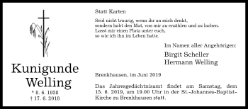 Traueranzeige von Kunigunde Welling von Westfalen-Blatt