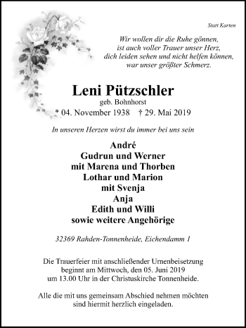 Traueranzeige von Leni Pützschler von Westfalen-Blatt