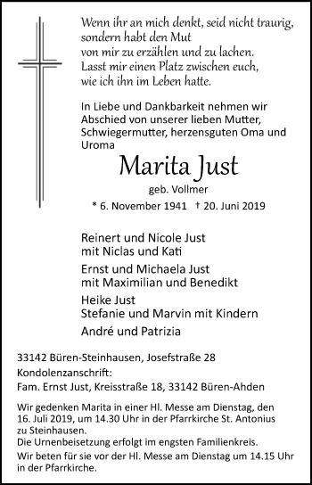 Traueranzeige von Marita just von Westfalen-Blatt