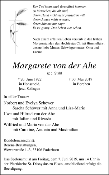 Traueranzeige von Margarete von der Ahe von Westfalen-Blatt