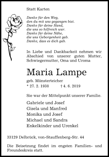 Traueranzeige von Maria Lampe von Westfalen-Blatt