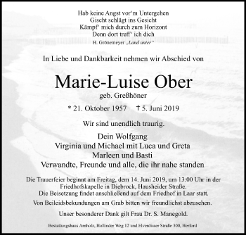 Traueranzeige von Marie-Luise Ober von Westfalen-Blatt