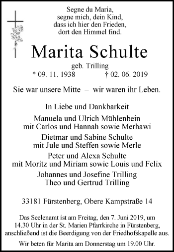 Traueranzeige von Marita Schulte von Westfalen-Blatt