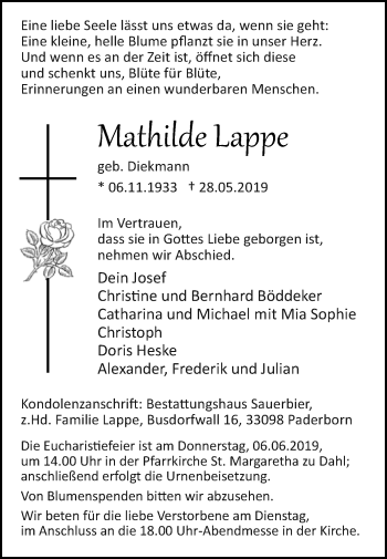 Traueranzeige von Mathilde Lappe von Westfalen-Blatt