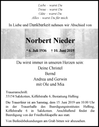 Traueranzeige von Norbert Nieder von Westfalen-Blatt