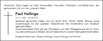 Traueranzeige von Paul Hellinge von Westfalen-Blatt