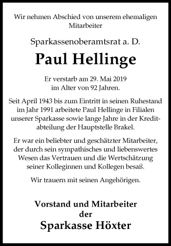 Traueranzeige von Paul Hellinge von Westfalen-Blatt