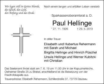 Traueranzeige von Paul Hellinge von Westfalen-Blatt