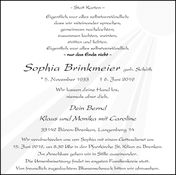 Traueranzeige von Sophia Brinkmeier von Westfalen-Blatt