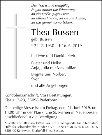 Traueranzeige von Thea Bussen von Westfalen-Blatt