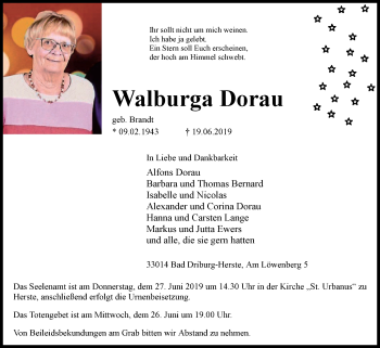 Traueranzeige von Walburga Dorau von Westfalen-Blatt