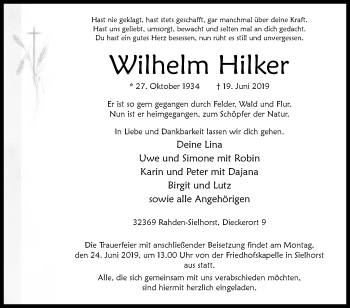 Traueranzeige von Wilhelm Hilker von Westfalen-Blatt