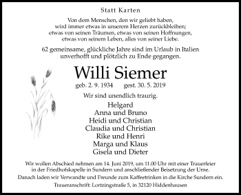 Traueranzeige von Willi Siemer von Westfalen-Blatt