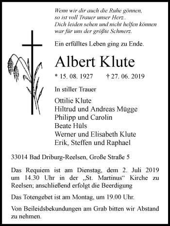 Traueranzeige von Albert Klute von Westfalen-Blatt