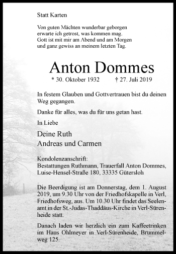 Traueranzeige von Anton Dommes von Westfalen-Blatt