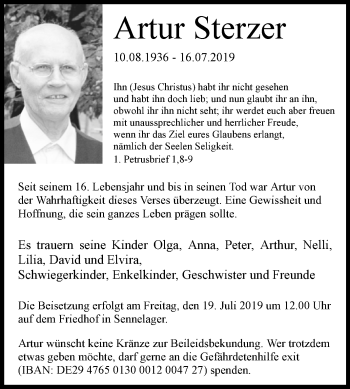 Traueranzeige von Artur Sterzer von Westfalen-Blatt