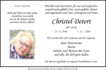 Traueranzeige von Christel Detert von Westfalen-Blatt