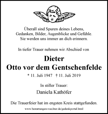 Traueranzeige von Dieter Otto vor dem Gentschenfelde von Westfalen-Blatt