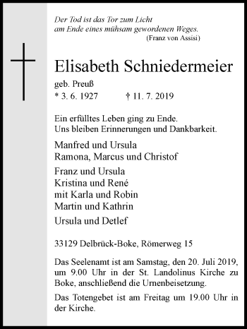 Traueranzeige von Elisabeth Schniedermeier von Westfalen-Blatt