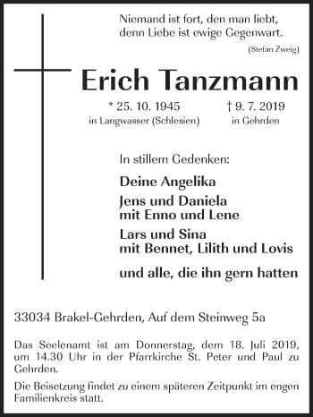 Traueranzeige von Erich Tanzmann von Westfalen-Blatt