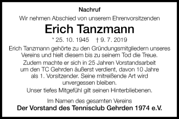 Traueranzeige von Erich Tanzmann von Westfalen-Blatt