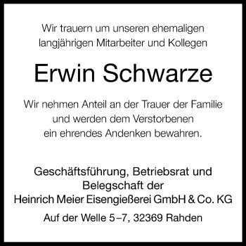 Traueranzeige von Erwin Schwarze von Westfalen-Blatt