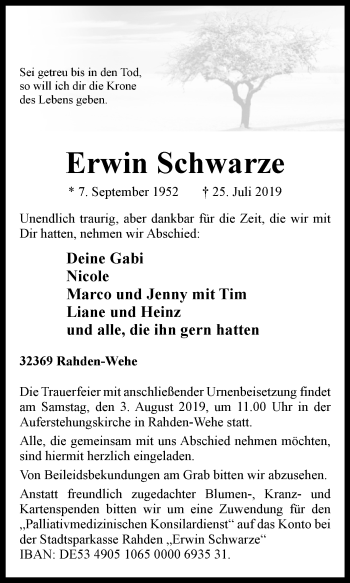 Traueranzeige von Erwin Schwarze von Westfalen-Blatt