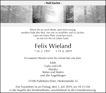 Traueranzeige von Felix Wieland von Westfalen-Blatt