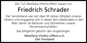 Traueranzeige von Friedrich Schrader von Westfalen-Blatt