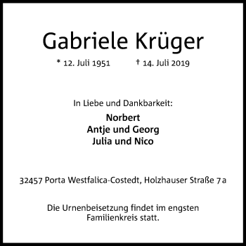 Traueranzeige von Gabriele Krüger von Westfalen-Blatt