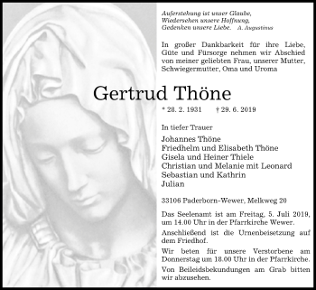 Traueranzeige von Gertrud Thöne von Westfalen-Blatt